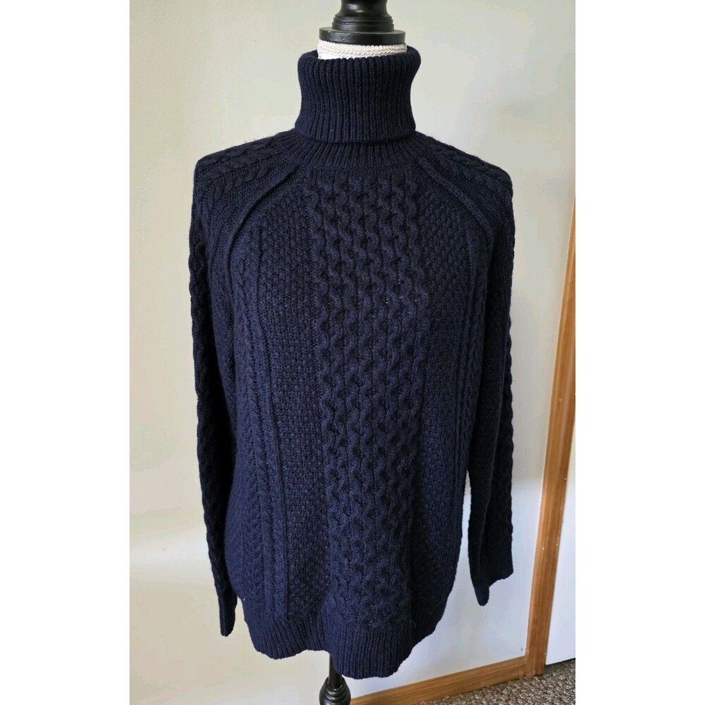 Vince Merino Wool Alpaca Blend Cable Knit Cozy Turtleneck Sweater Navy Medium